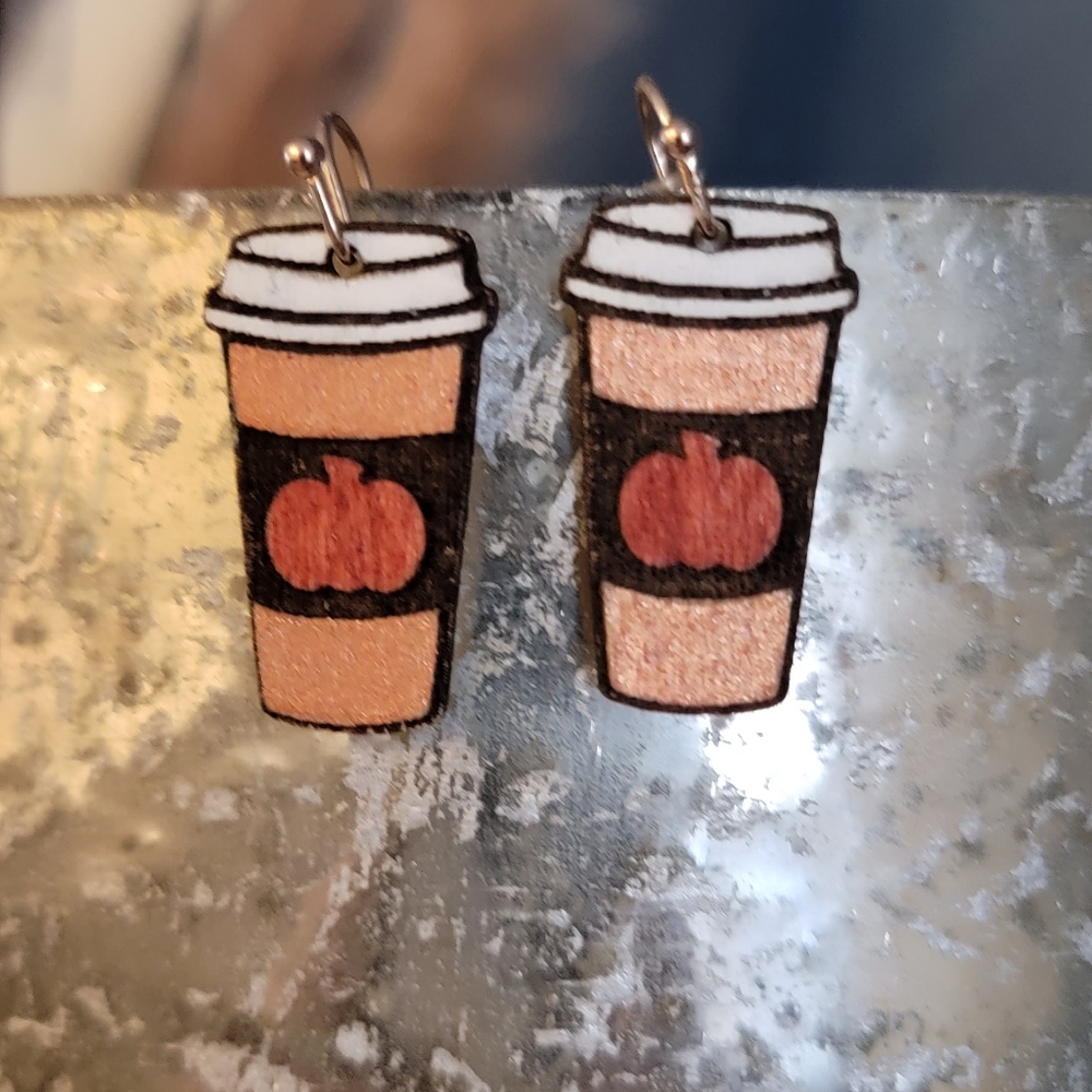 handmade laser cut wood, hand painted pumpkin spice coffee earrings, nickel free